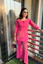 Pink Boat Neck Embelished Set